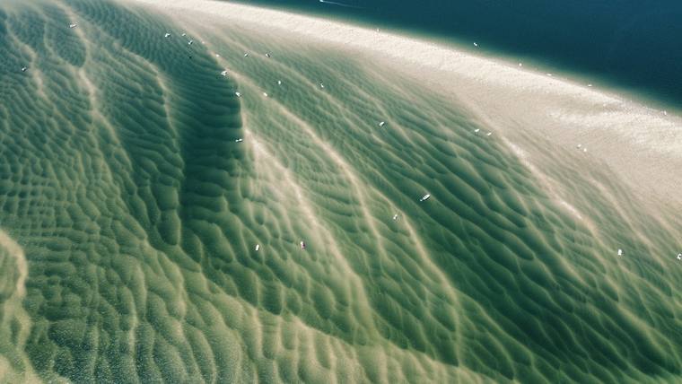 Ondulations de sable sous les eaux turquoise du Bassin d'Arcachon, vue par drone
