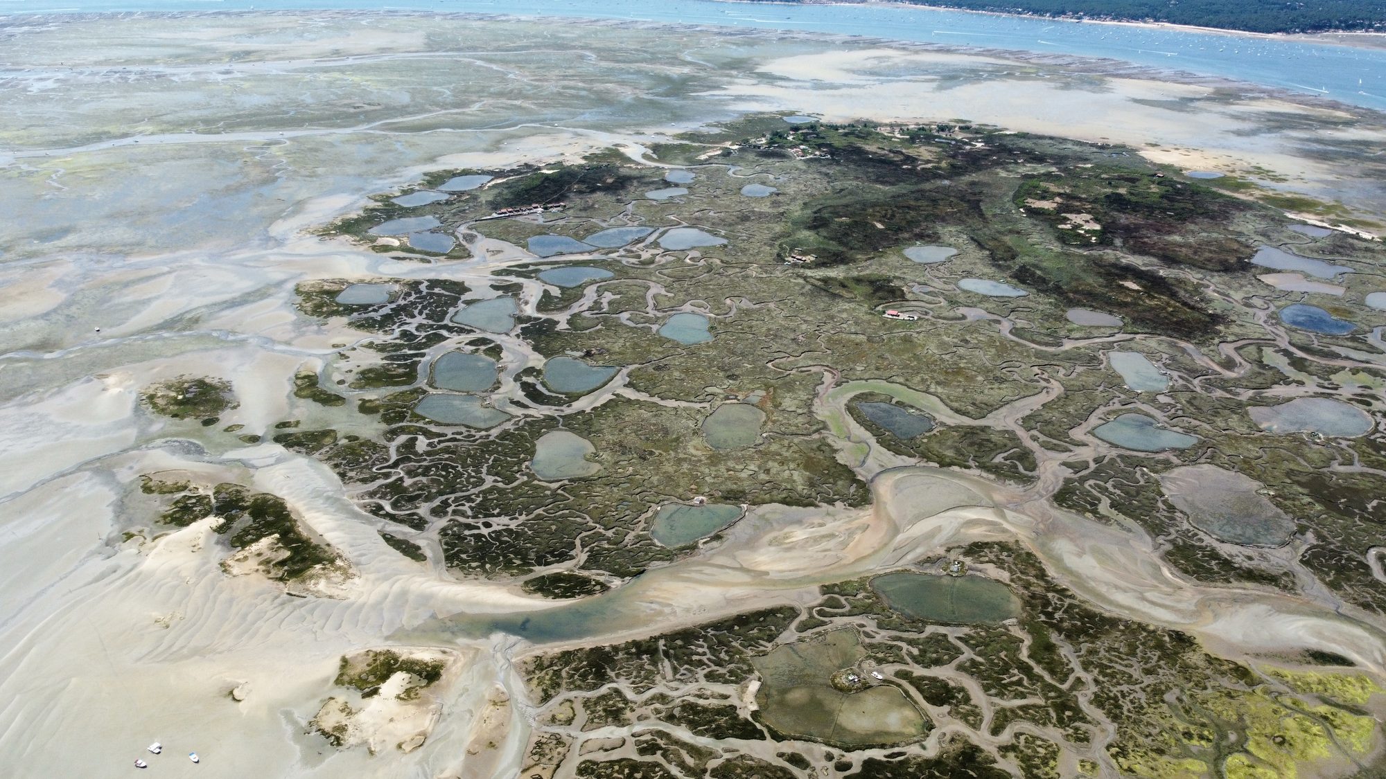 Bancs de sable, chenaux et prés salés du Bassin d'Arcachon à marée basse, vue aérienne par drone